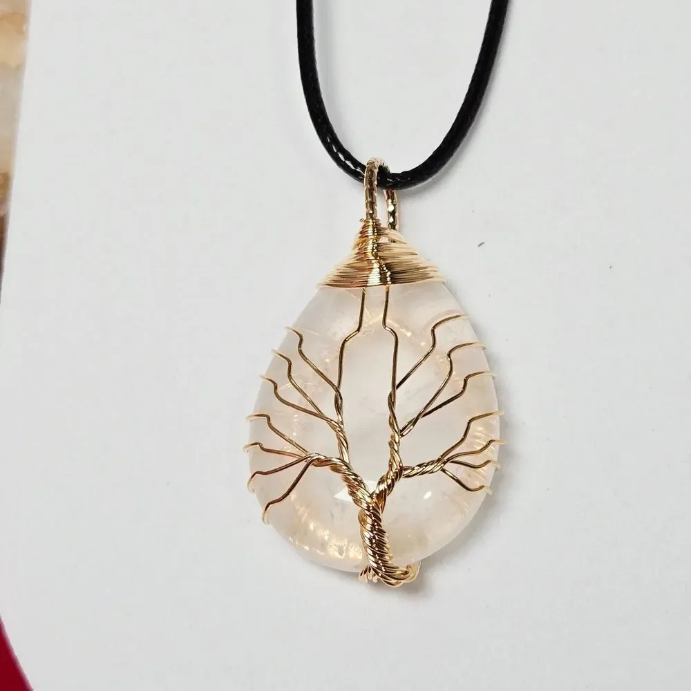 Tree of Life Clear Quartz Teardrop Wire Wrapped Necklace Healing Crystal Jewelry